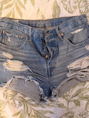 Levi's Light Blue Ripped Button-Fly Denim Shorts